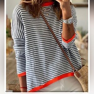 NWT Vrilu Blue and White Stripe Top with Orange Trim Size S